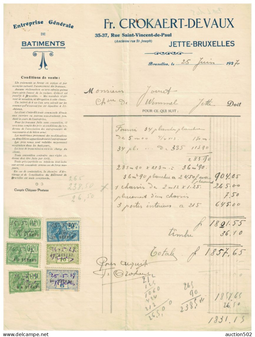 Facture 1927 Jette-Bruxelles Fr. Crokaert - Devaux Entreprise Générale De Batiments + TP Fiscaux - Petits Métiers