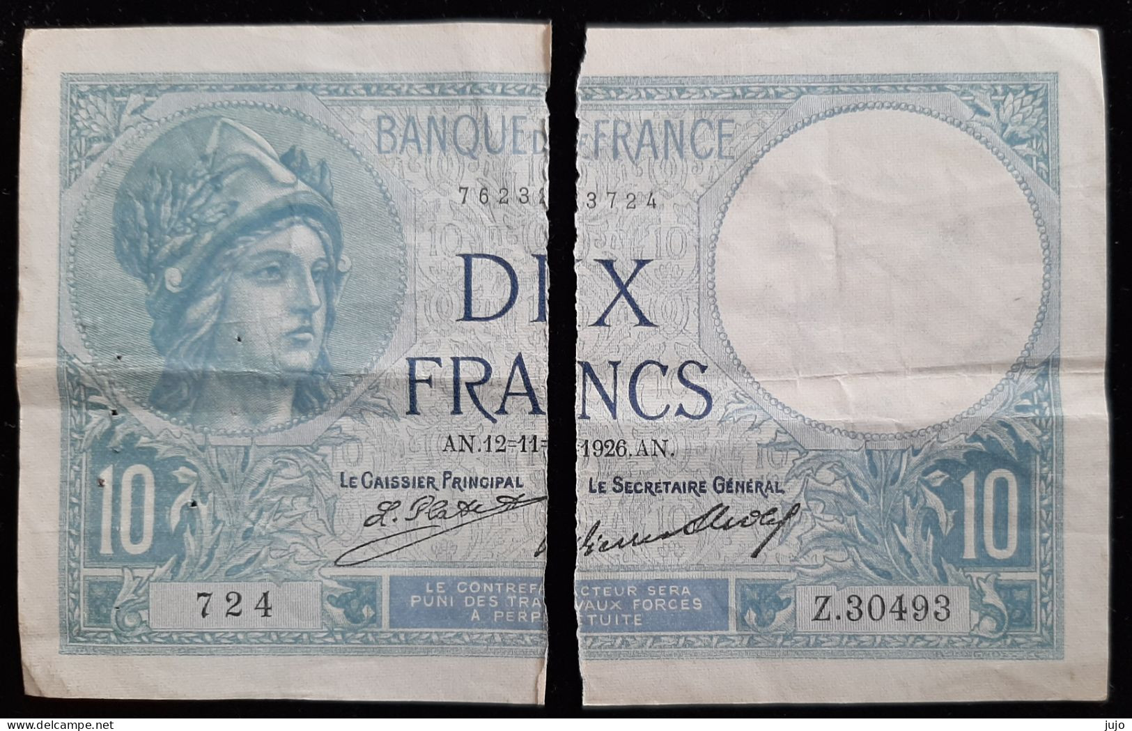 Billet De 10 F FRANCS - AN.12.11. 1926   - "Minerve" - N° 7623 724 - Z30493 - (endommagé Coupé En Deux ) - 10 F 1916-1942 ''Minerve''