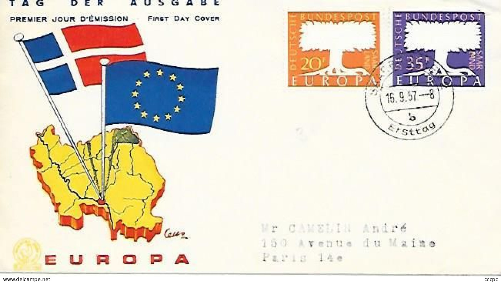 Enveloppe FDC 16 Septembre 1957 Europa Sarre - FDC