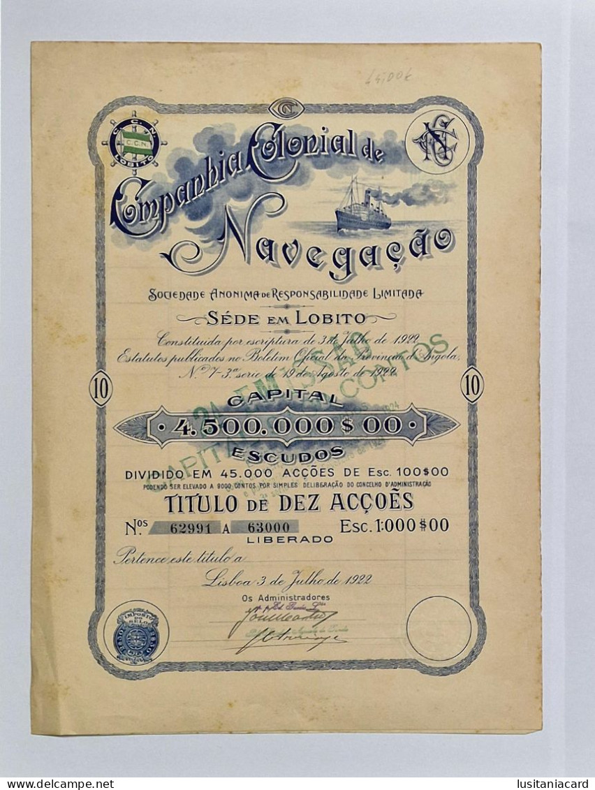 ANGOLA- LOBITO- Companhia Colonial De Navegação-Titulo De Dez Acções Nºs. 62991 A 63000 -1000$00-03JUL1922 - Navigazione