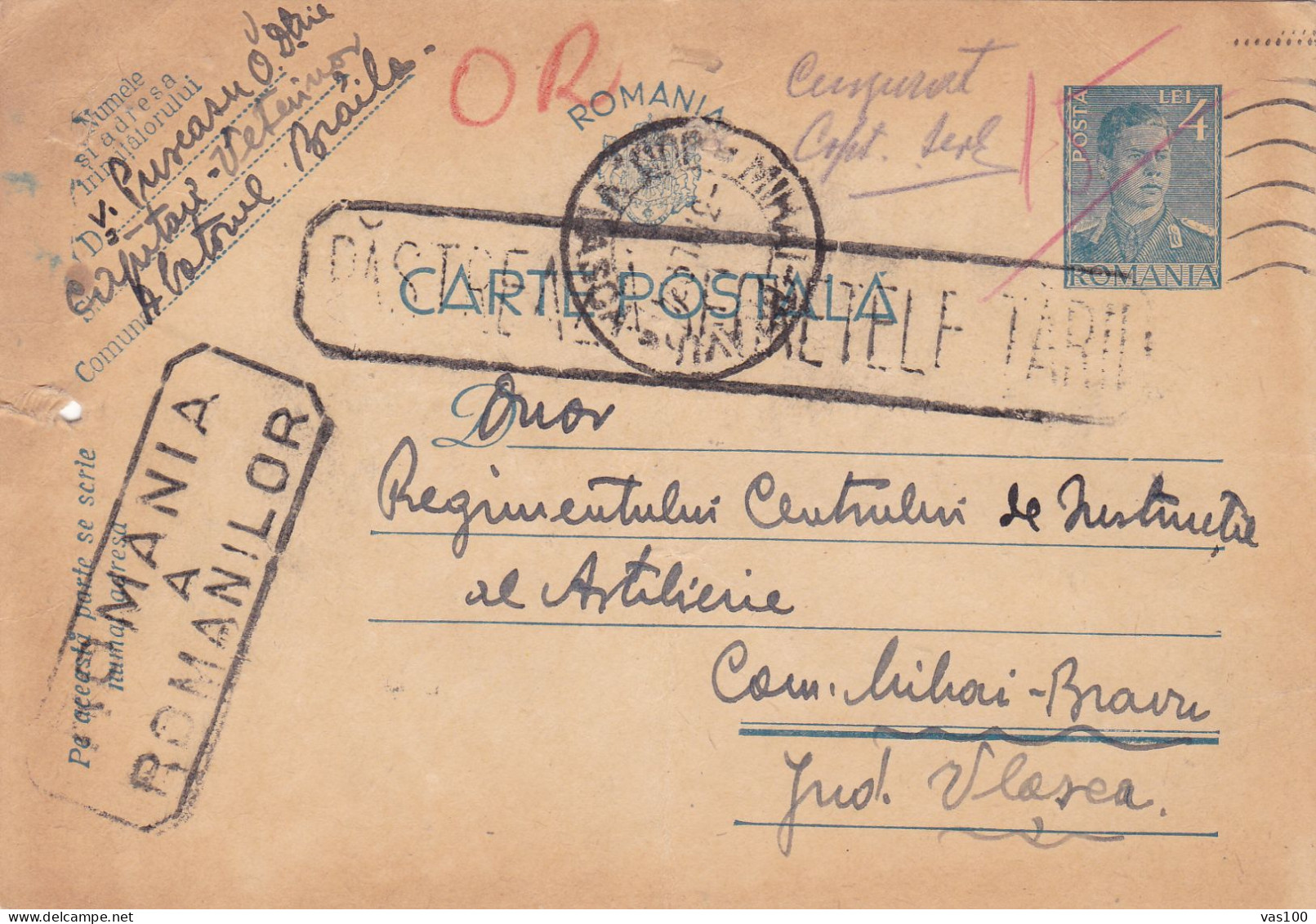 Romania, 1944, WWII Military Censored CENSOR ,POSTCARD STATIONERY, RETIRING CAPTAIN,COMMUNIST PROPAGANDA PMK. - Lettres 2ème Guerre Mondiale