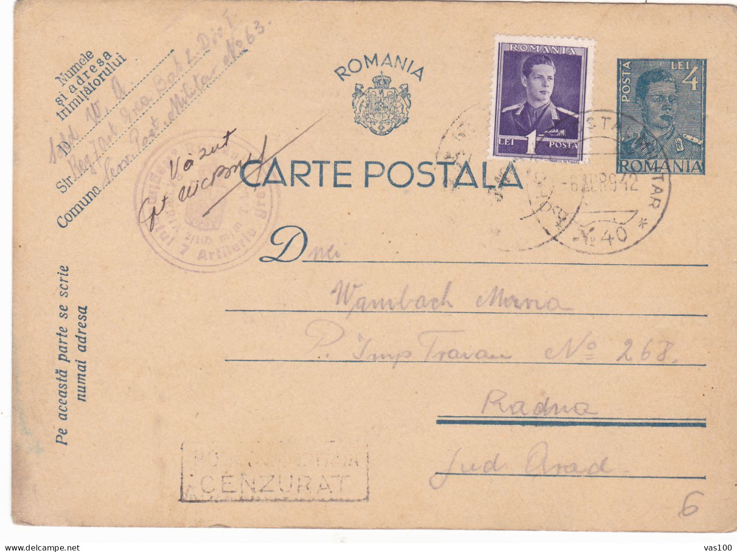 Romania, 1942, WWII Military Censored CENSOR ,POSTCARD STATIONERY, TO RADNA,OPM #40.. - Lettres 2ème Guerre Mondiale