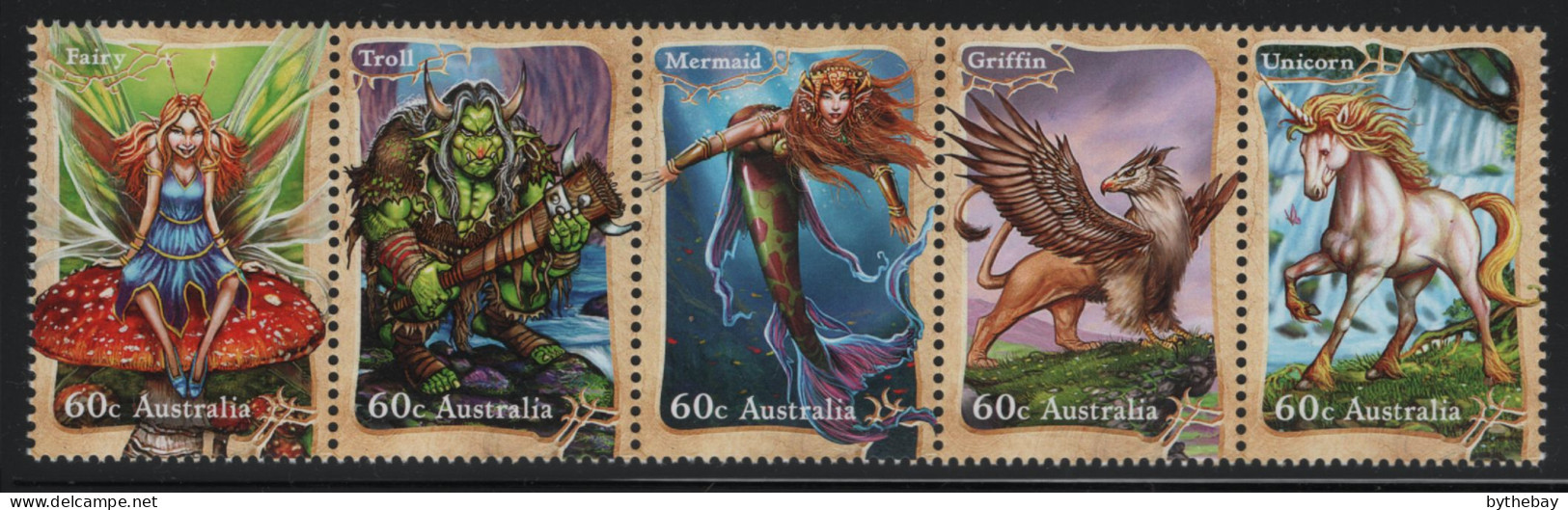 Australia 2011 MNH Sc 3579a 60c Fairy, Troll, Mermaid, Griffin, Unicorn Strip - Mint Stamps