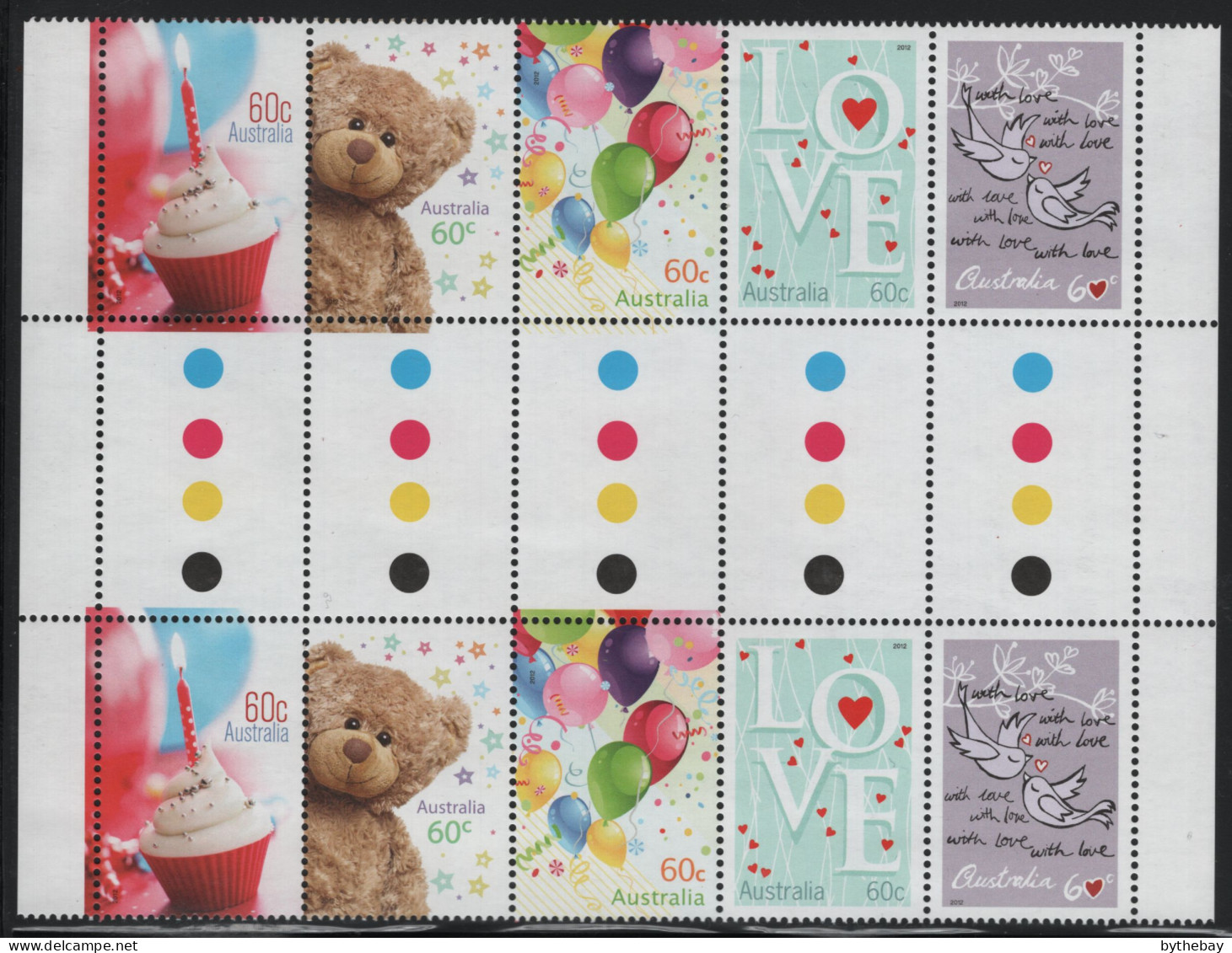 Australia 2012 MNH Sc 3612a 60c Cupcakes, Teddy Bear, Balloons, LOVE, Birds Gutter - Mint Stamps