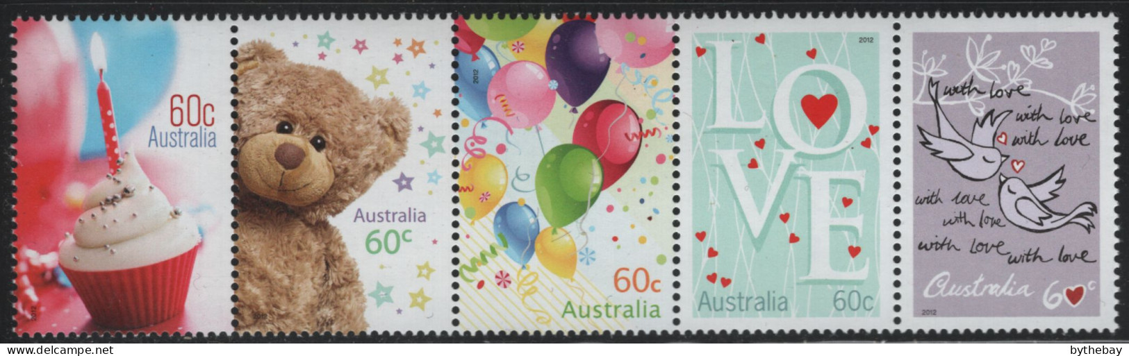 Australia 2012 MNH Sc 3612a 60c Cupcakes, Teddy Bear, Balloons, LOVE, Birds Strip - Mint Stamps