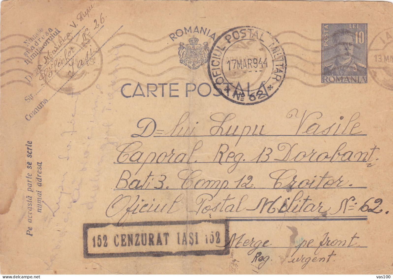 Romania, 1944, WWII Military Censored CENSOR IASI #152 ,POSTCARD STATIONERY, TO RADNA,OPM #62. - 2. Weltkrieg (Briefe)