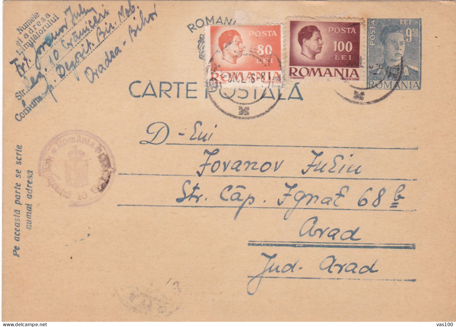 Romania, 1946, WWII Military Censored CENSOR ,POSTCARD STATIONERY, FROM ORADEA TO ARAD. - Lettres 2ème Guerre Mondiale