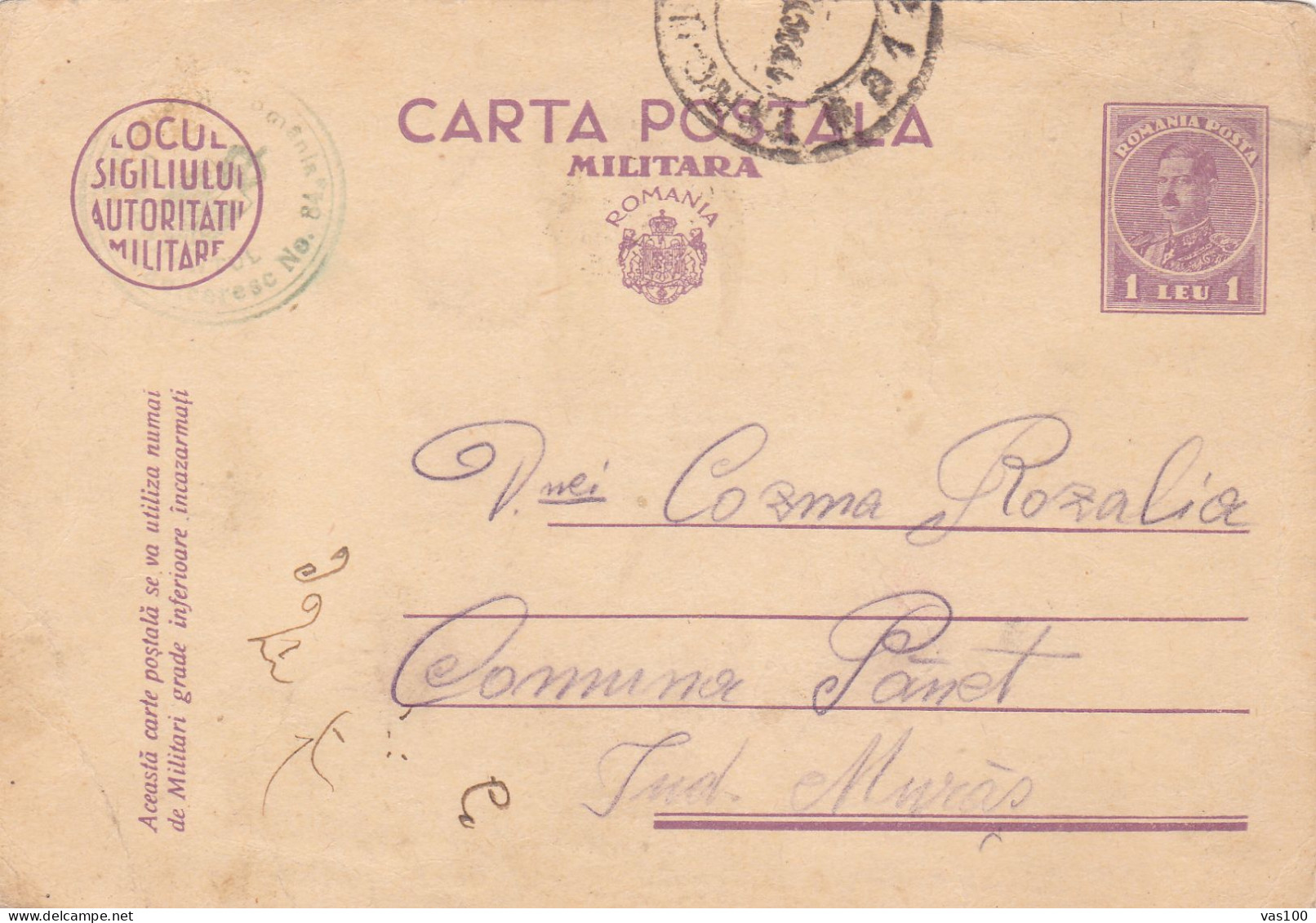 Romania, 1939, WWII Military Censored CENSOR ,POSTCARD STATIONERY, TO PANET MURES. - 2de Wereldoorlog (Brieven)