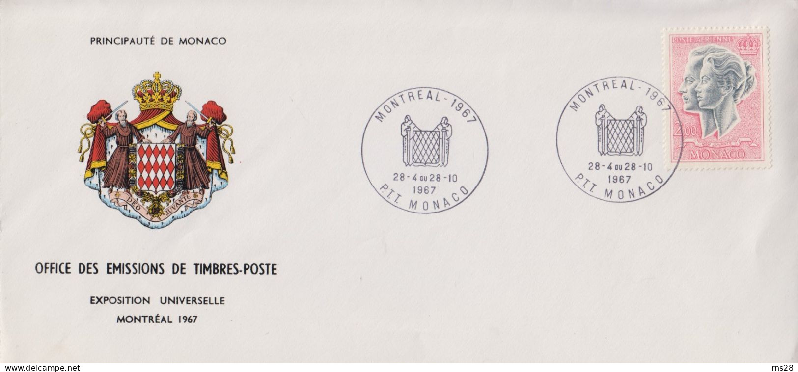 Monaco  Montreal Expo 67  Coat Of Arms Pink 2 Fr  FDC - Covers & Documents