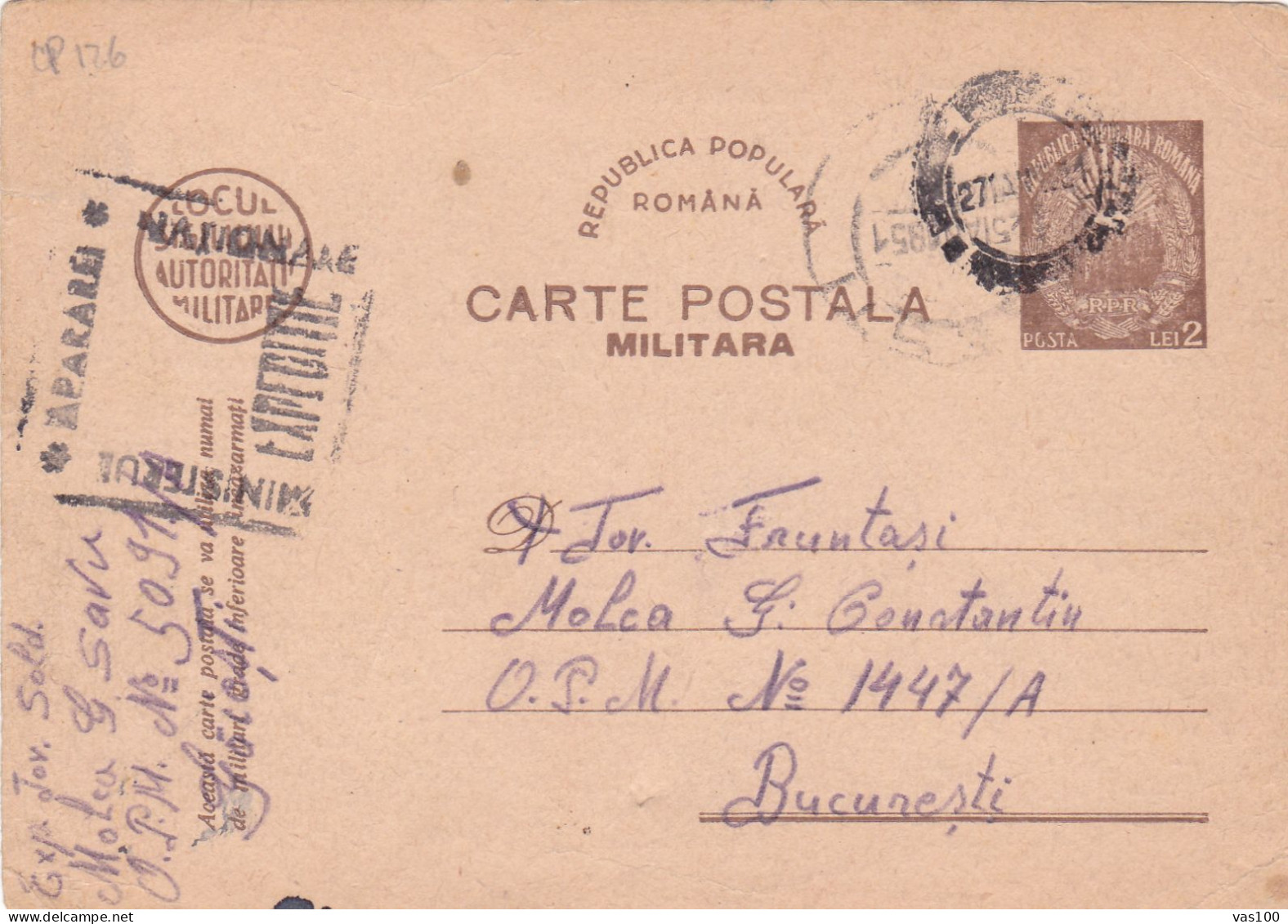 Romania, 1951, WWII Military Censored CENSOR ,MILITARY POSTCARD STATIONERY. - Cartas De La Segunda Guerra Mundial