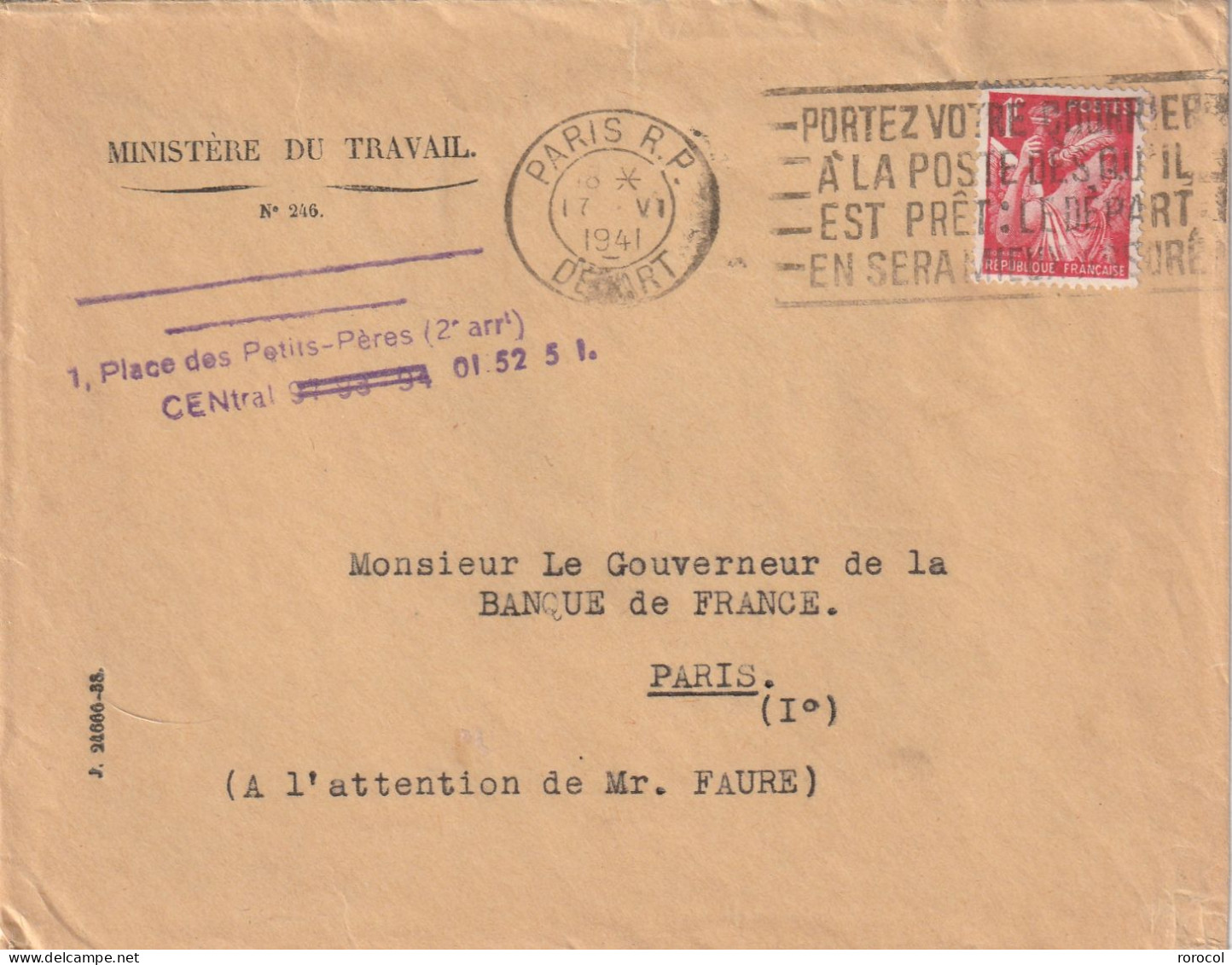 FRANCE Lettre 1941 PARIS RP Flamme Enveloppe MINISTERE DU TRAVAIL - 1939-44 Iris