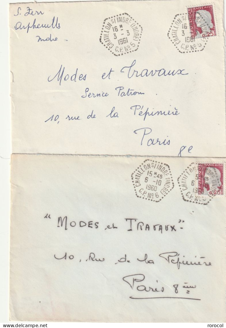 FRANCE 2 Lettres CHATILLON SUR INDRE CP 5 ET 6 CAR POSTAL Marianne De Decaris - 1960 Marianna Di Decaris