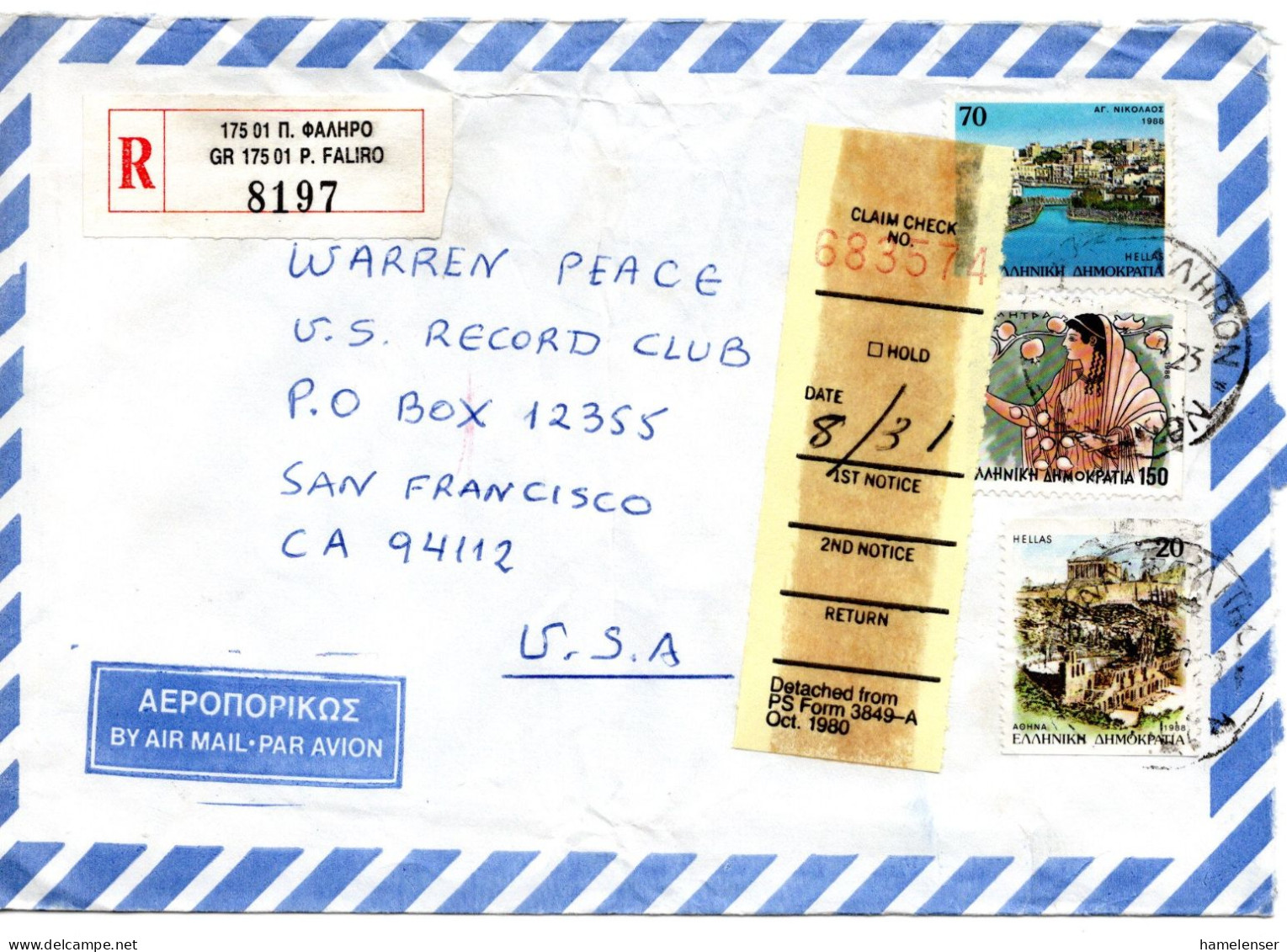 66028 - Griechenland - 1989 - 150Dr Goettin MiF A R-LpBf ... FALIRON -> San Francisco, CA (USA) - Storia Postale