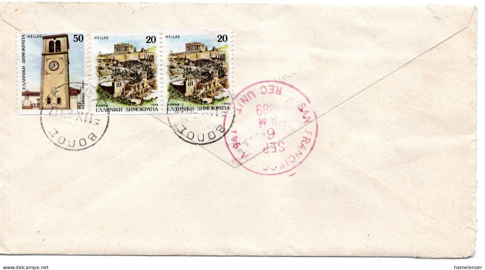 66029 - Griechenland - 1989 - 2@100Dr MiF A LpBf VOLOS -> San Francisco, CA (USA) - Lettres & Documents