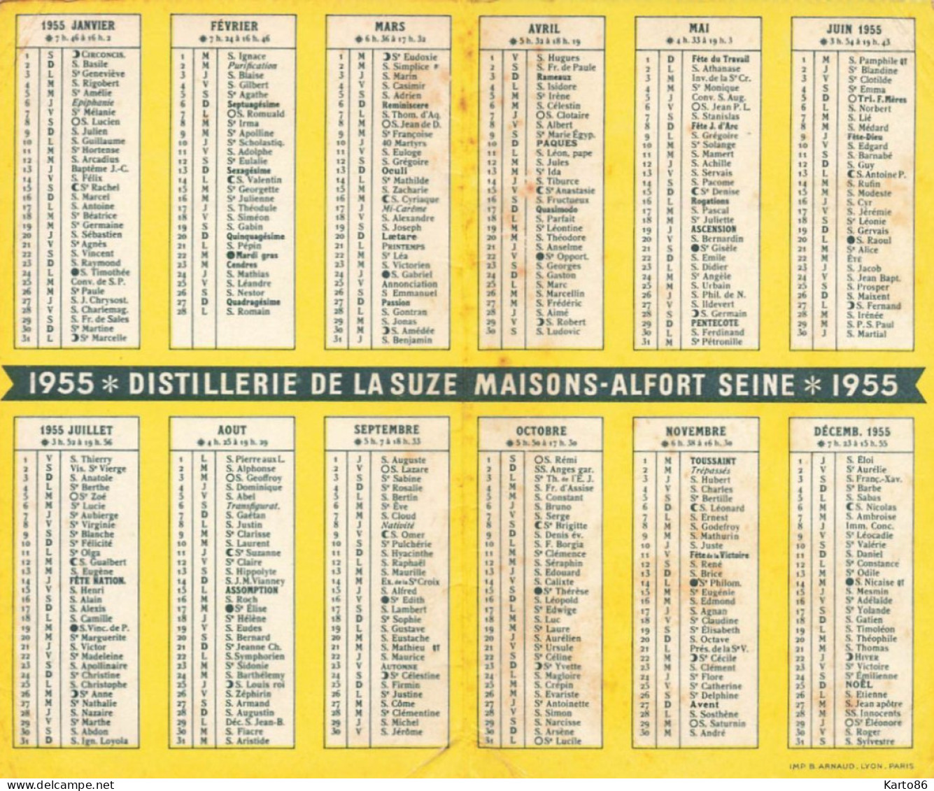 Petit Calendrier Ancien Publicitaire 1955 * Distillerie De La SUZE Maisons Alfort Liqueur Gentiane " Illustrateur - Grand Format : 1941-60