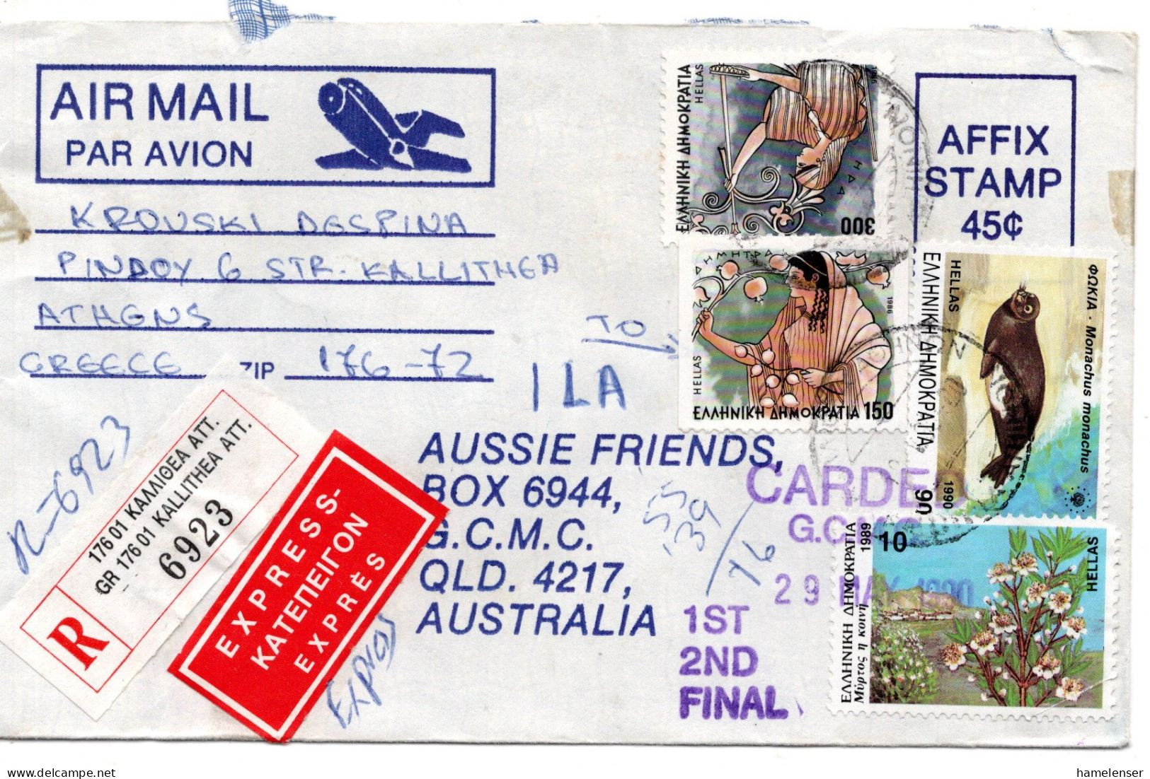 66031 - Griechenland - 1990 - 300Dr Goettin MiF A R-LpEilBf KALLITHEA -> GOLD COAST MAIL CENTRE (Australien) - Cartas & Documentos