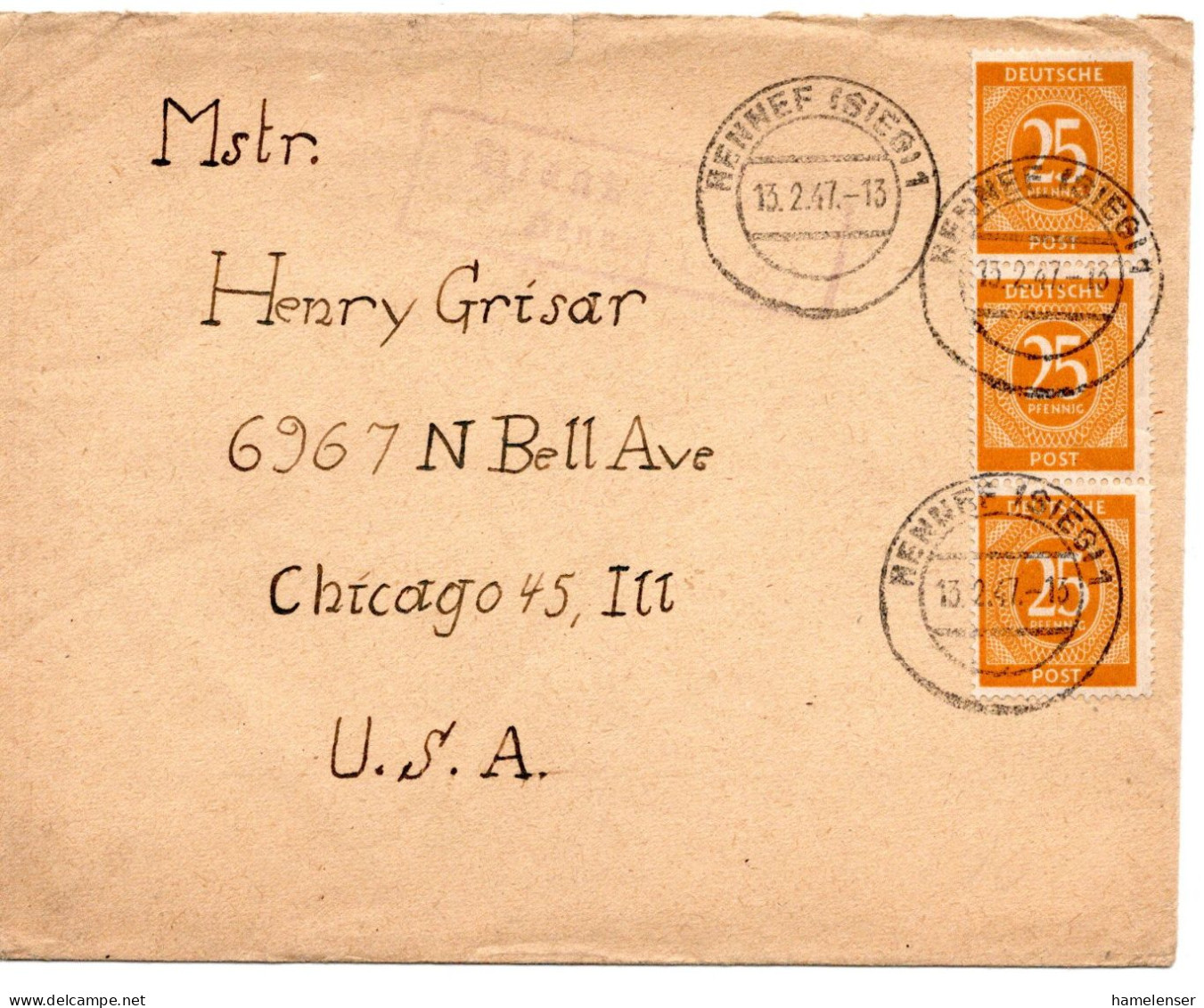 66044 - Alliierte Besetzung - 1947 - 3@25Pfg Ziffer A Bf Landpoststpl BLANKENBERG -> HENNEF -> Chicago, IL (USA) - Autres & Non Classés