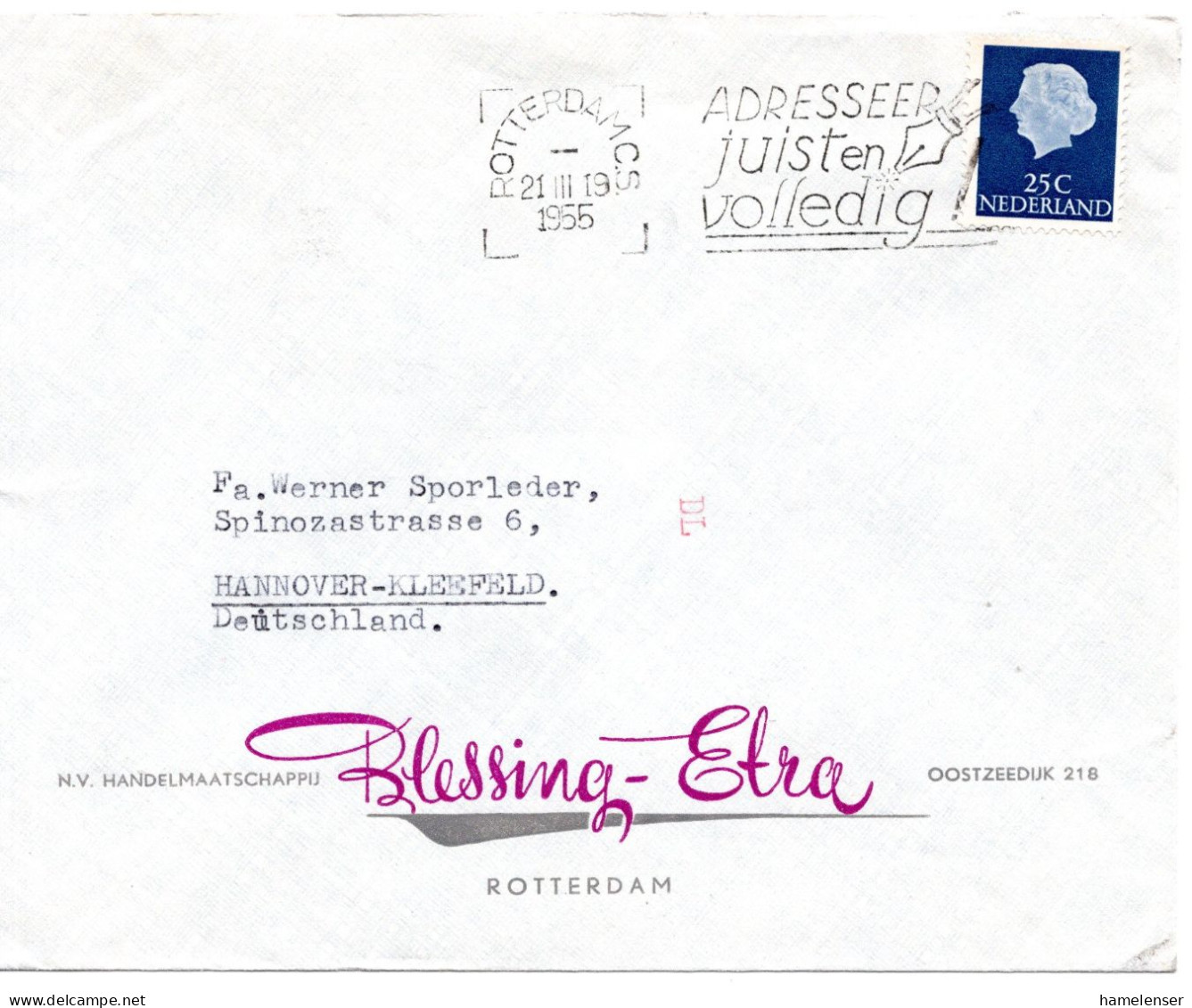 66048 - Niederlande - 1955 - 25c Juliana EF A Bf ROTTERDAM - ... -> Westdeutschland, M Transorma-Codierung "DL" - Lettres & Documents