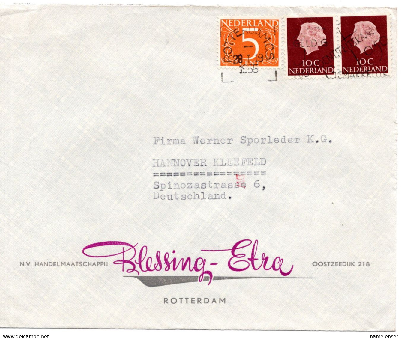 66049 - Niederlande - 1955 - 2@10c Juliana MiF A Bf ROTTERDAM - ... -> Westdeutschland, M Transorma-Codierung "DW" - Covers & Documents