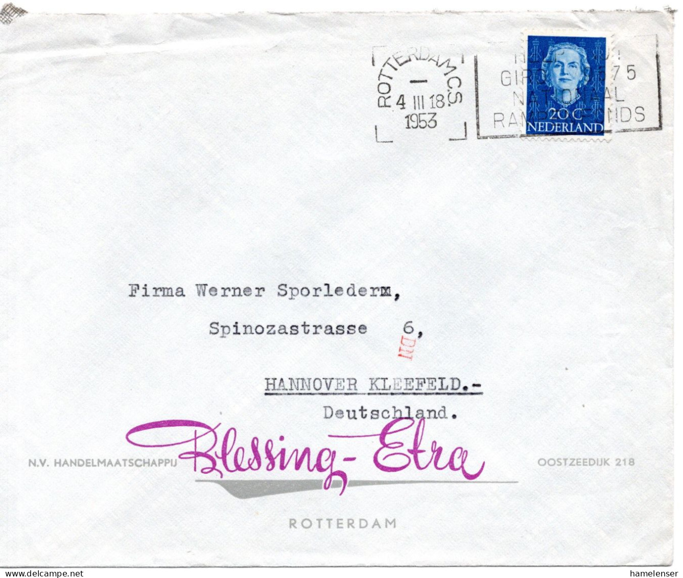 66051 - Niederlande - 1954 - 20c Wilhelmina EF A Bf ROTTERDAM - ... -> Westdeutschland, M Transorma-Codierung "DN" - Cartas & Documentos