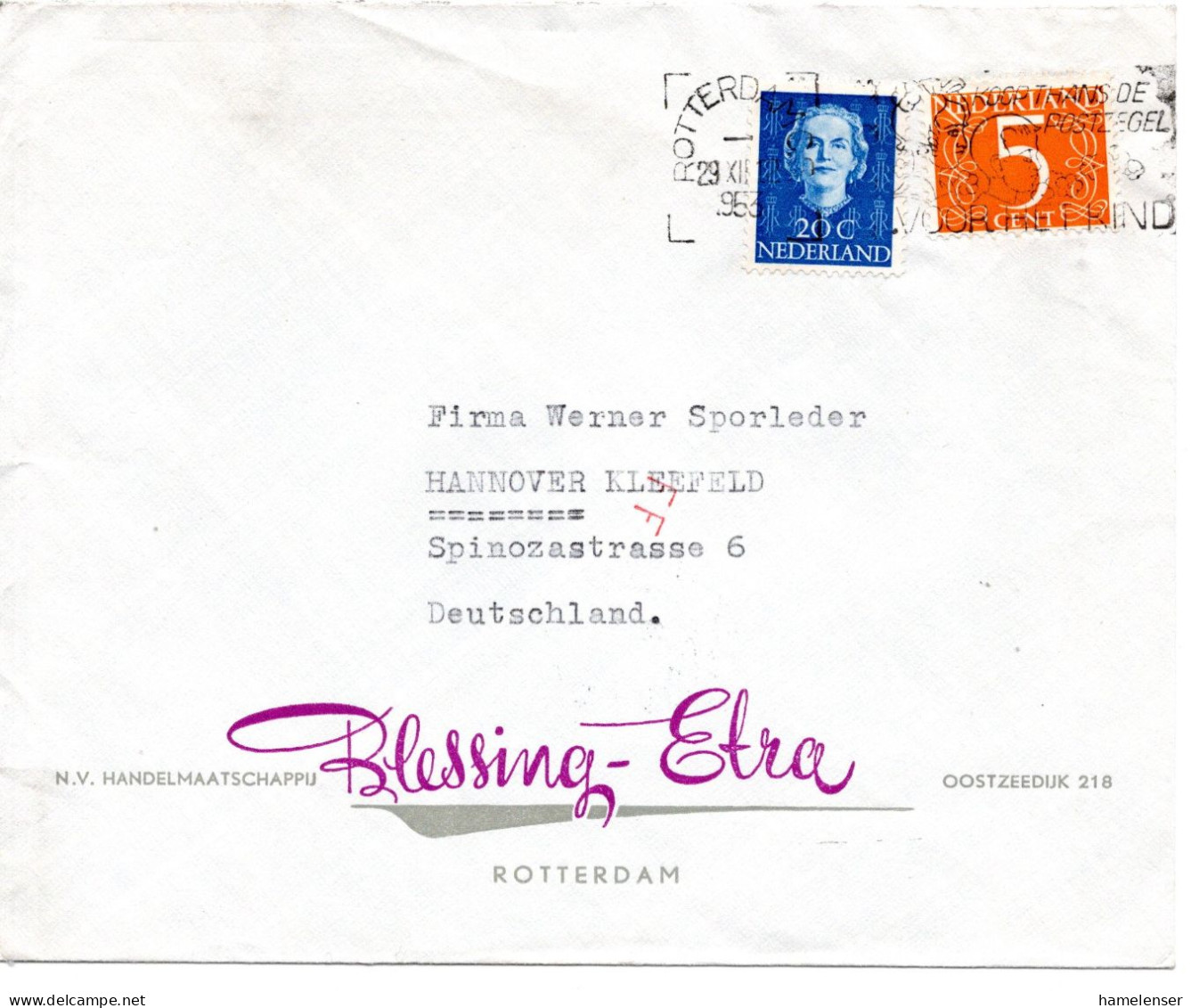 66053 - Niederlande - 1953 - 20c Wilhelmina MiF A Bf ROTTERDAM - ... -> Westdeutschland, M Transorma-Codierung "FF" - Cartas & Documentos