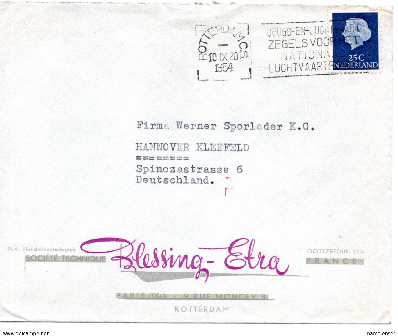 66057 - Niederlande - 1954 - 25c Juliana EF A Bf ROTTERDAM - ... -> Westdeutschland, M Transorma-Codierung "PL" - Briefe U. Dokumente