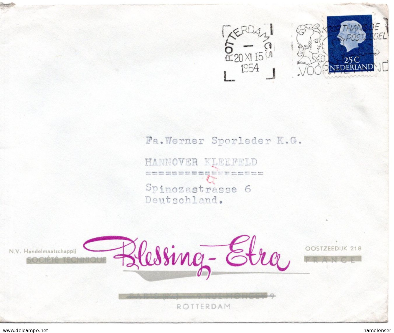 66058 - Niederlande - 1954 - 25c Juliana EF A Bf ROTTERDAM - ... -> Westdeutschland, M Transorma-Codierung "FB" - Lettres & Documents