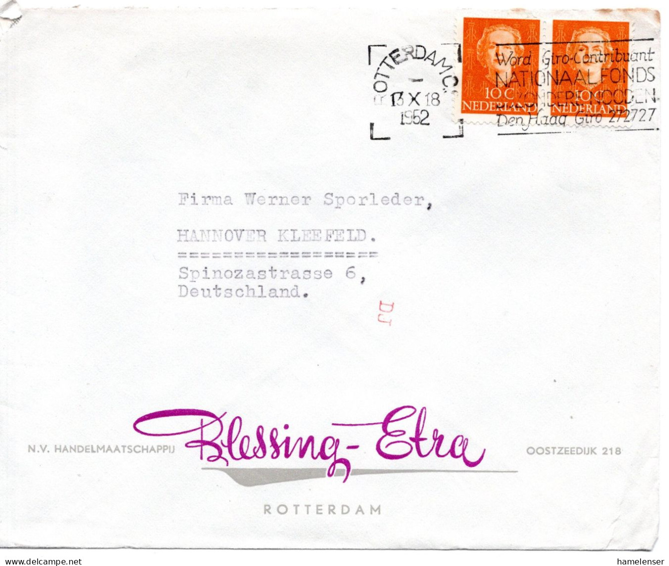 66059 - Niederlande - 1952 - 2@10c Wilhelmina A Bf ROTTERDAM - ... -> Westdeutschland, M Transorma-Codierung "DJ" - Covers & Documents