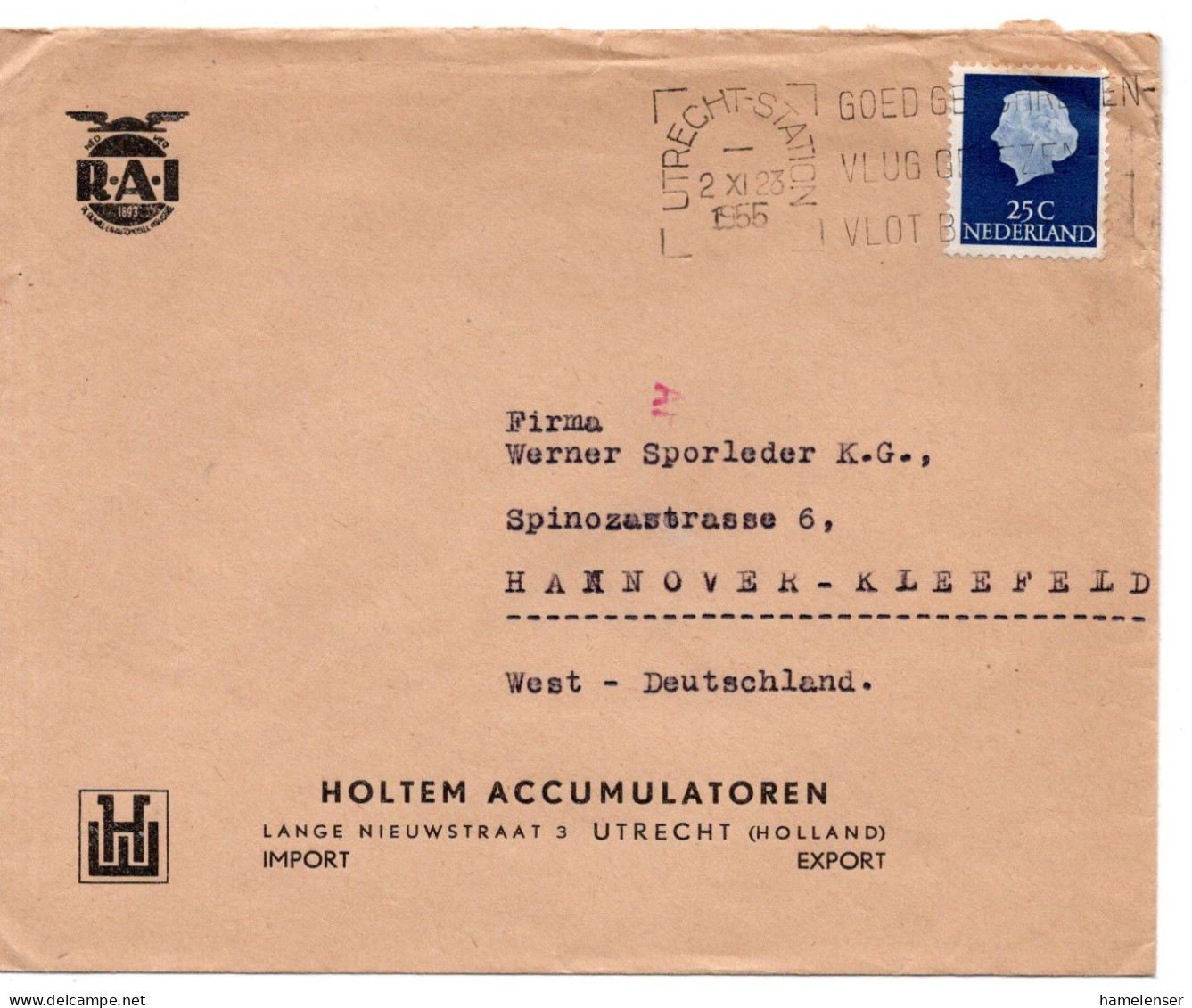 66060 - Niederlande - 1952 - 25c Juliana EF A Bf UTRECHT - ... -> Westdeutschland, M Transorma-Codierung "AF" - Storia Postale
