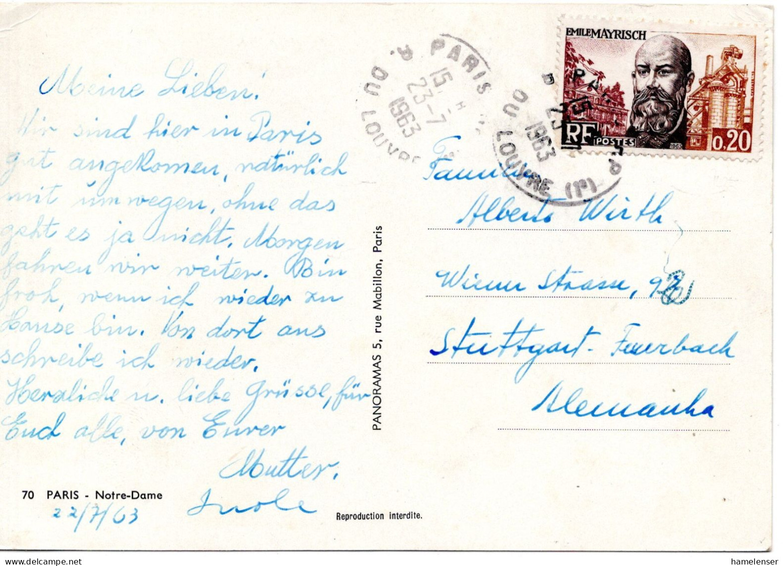 66076 - Frankreich - 1963 - F0,20 Mayrisch EF A AnsKte PARIS -> Westdeutschland - Covers & Documents