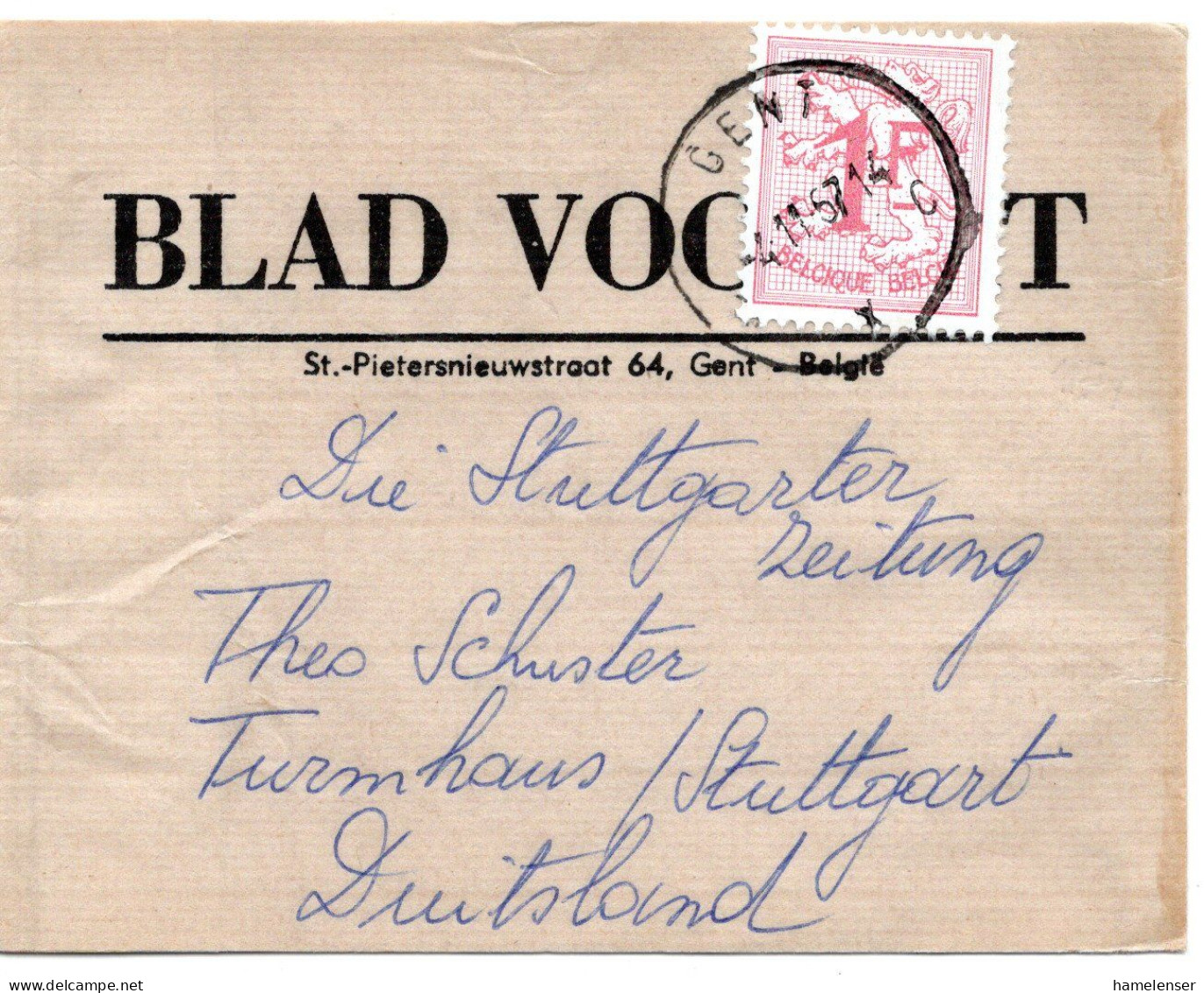 66077 - Belgien - 1967 - 1F Wappenloewe Gross EF A Streifband GENT -> Westdeutschland - Covers & Documents