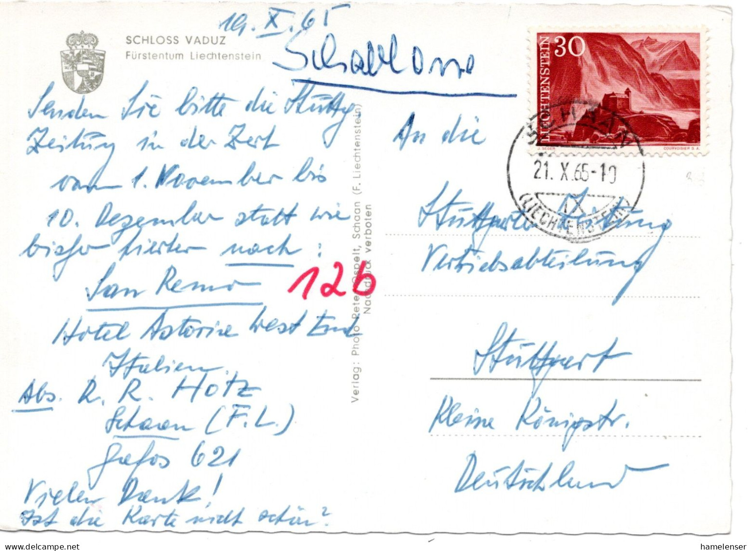 66080 - Liechtenstein - 1965 - 30Rp Landschaften A AnsKte SCHAAN -> Westdeutschland - Lettres & Documents