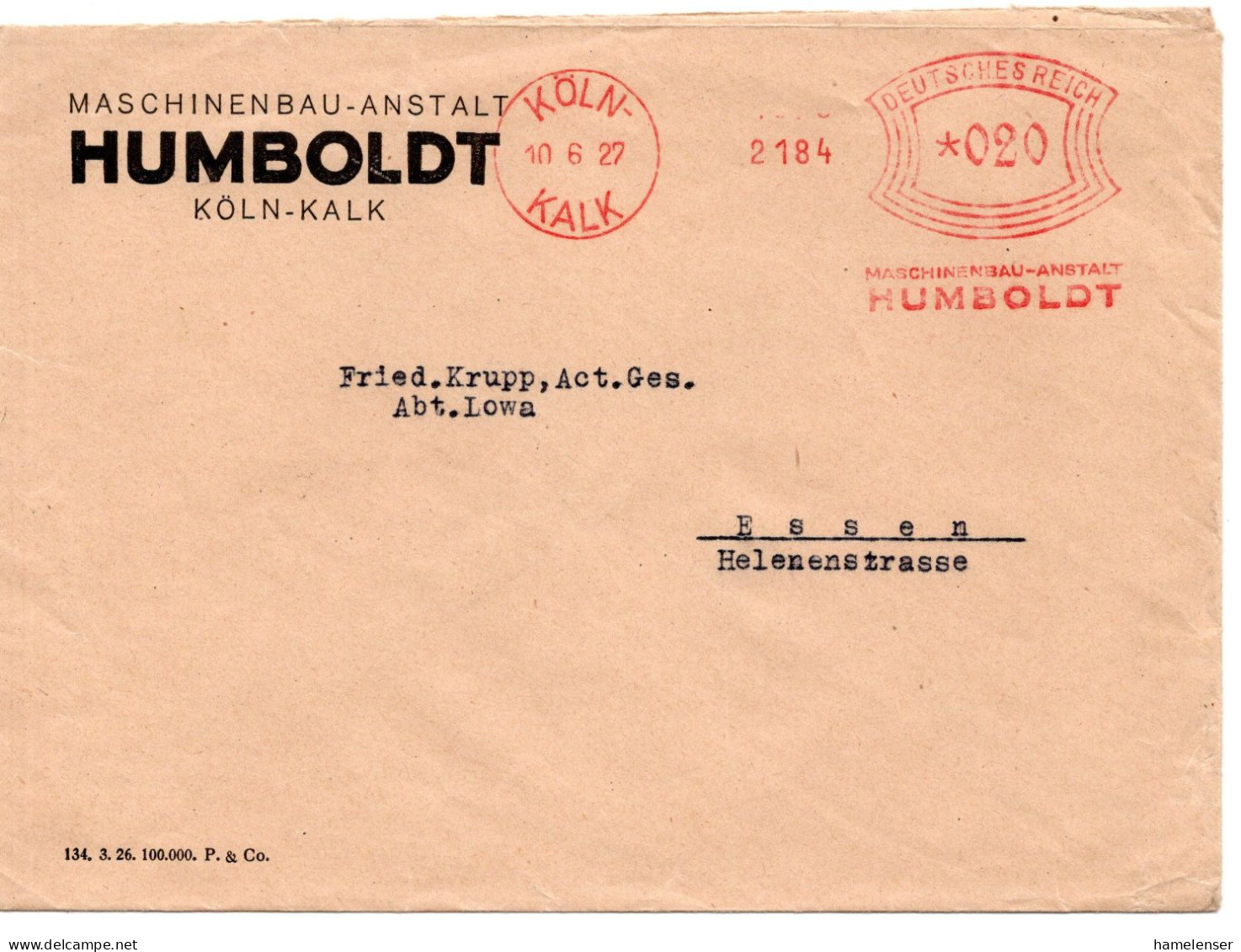 66081 - Deutsches Reich - 1927 - 20Pfg AbsFreistpl A Bf KOELN - HUMBOLDT ... -> Essen - Lettres & Documents