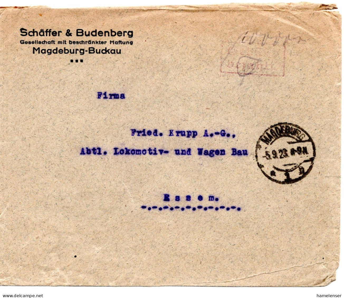 66082 - Deutsches Reich - 1923 - 100.000M Barfrankatur A Bf (dreiseitig Geoeffnet) MAGDEBURG -> Essen - Lettres & Documents