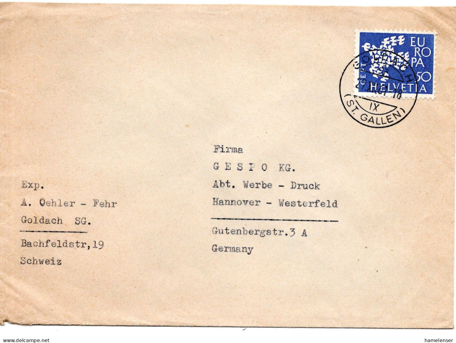 66085 - Schweiz - 1961 - 50Rp CEPT '61 EF A Bf GOLDACH -> Westdeutschland - 1961