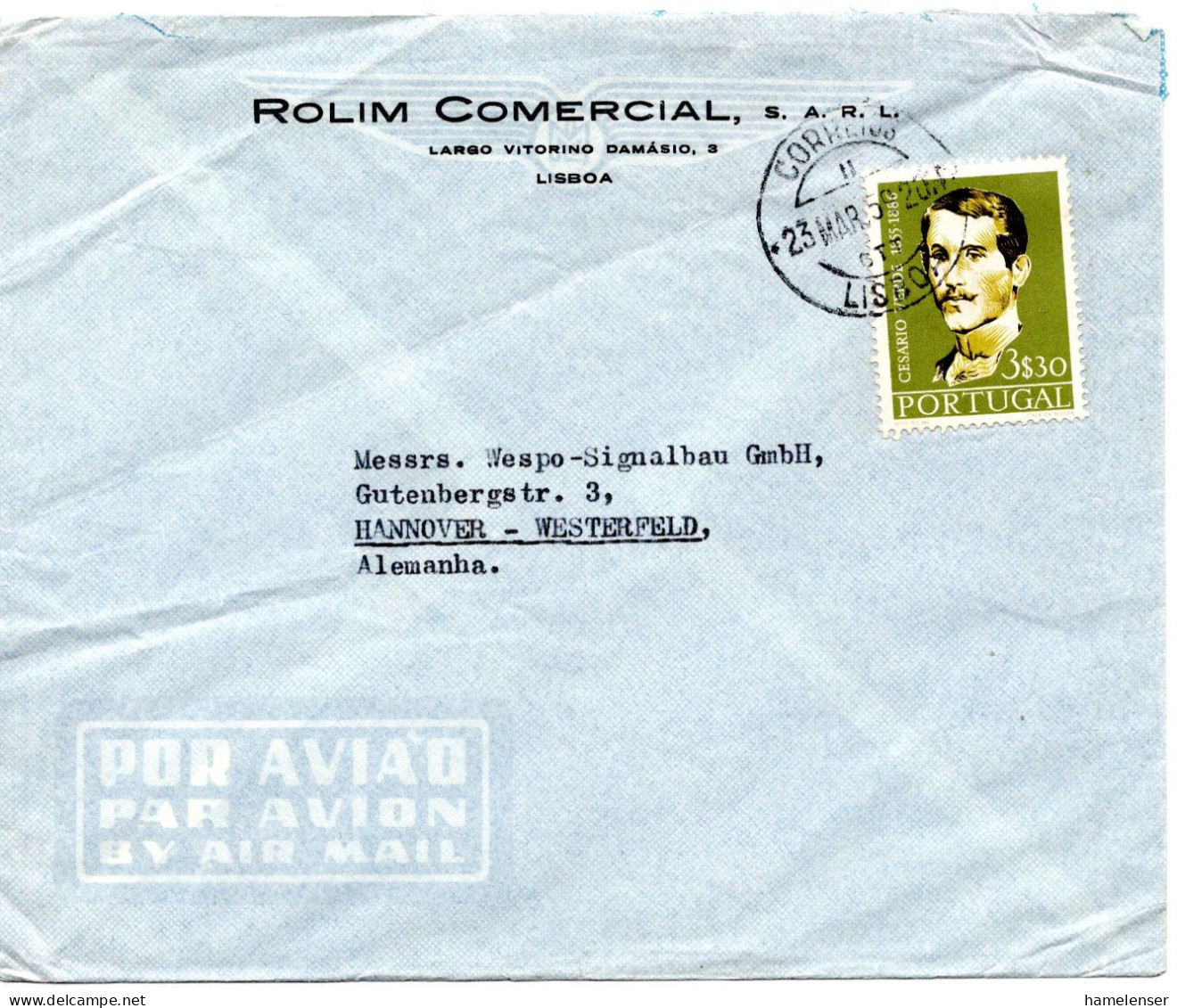 66088 - Portugal - 1959 - 3$30 Cesario Verde EF A LpBf LISBOA -> Westdeutschland - Brieven En Documenten