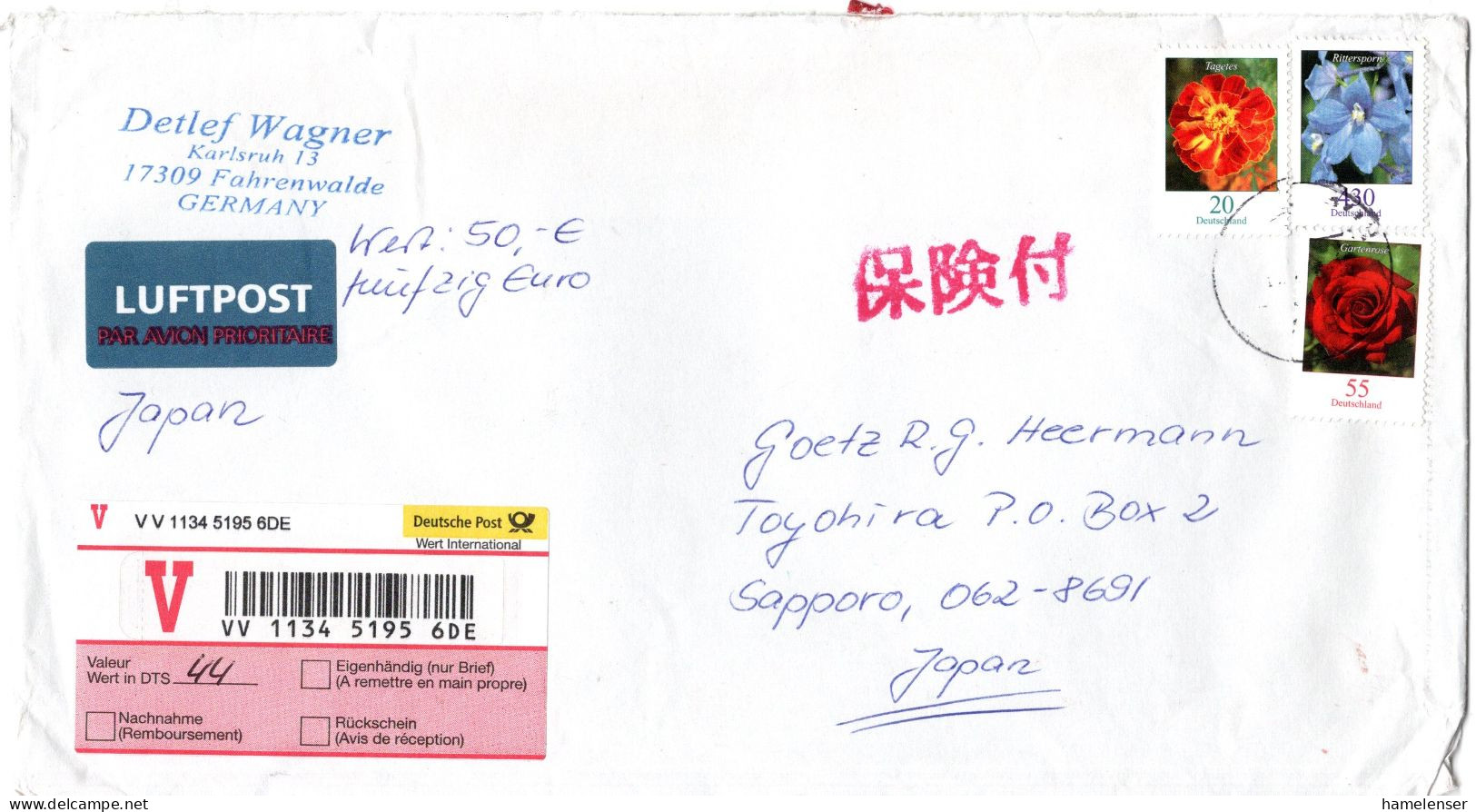 L66094 - Bund - 2008 - 430c Blumen MiF A W-LpBf FAHRENWALDE -> Japan - 2001-10: Storia Postale