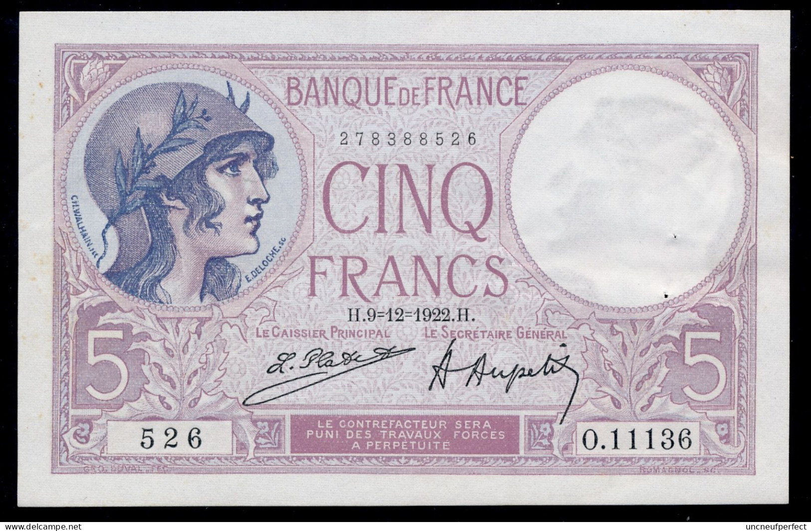 5 Francs 9=12=1922  SUP+ SPL / XF+ AUNC  Fay 03-06 - 5 F 1917-1940 ''Violet''