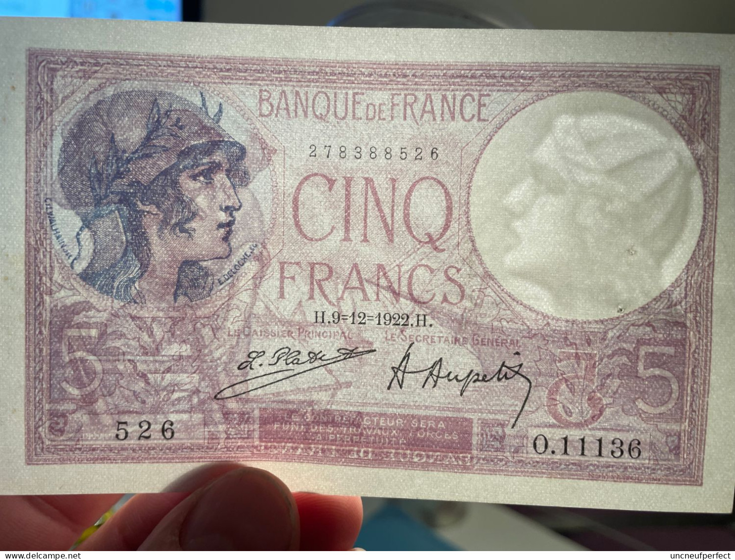 5 Francs 9=12=1922  SUP+ SPL  Fay 03-06 - 5 F 1917-1940 ''Violet''