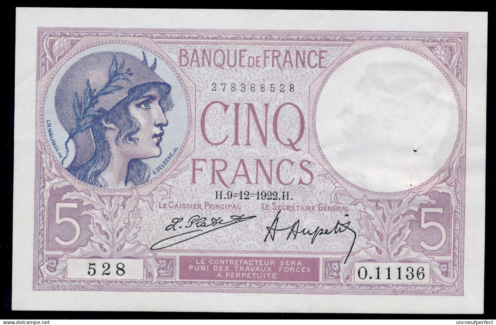 5 Francs 9=12=1922  SUP+ SPL / XF+ AUNC  Fay 03-06 - 5 F 1917-1940 ''Violet''