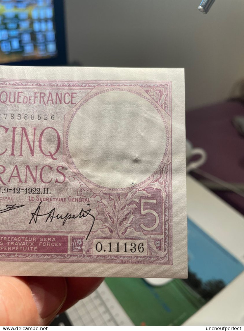 5 Francs 9=12=1922  SUP+ SPL  Fay 03-06 - 5 F 1917-1940 ''Violet''