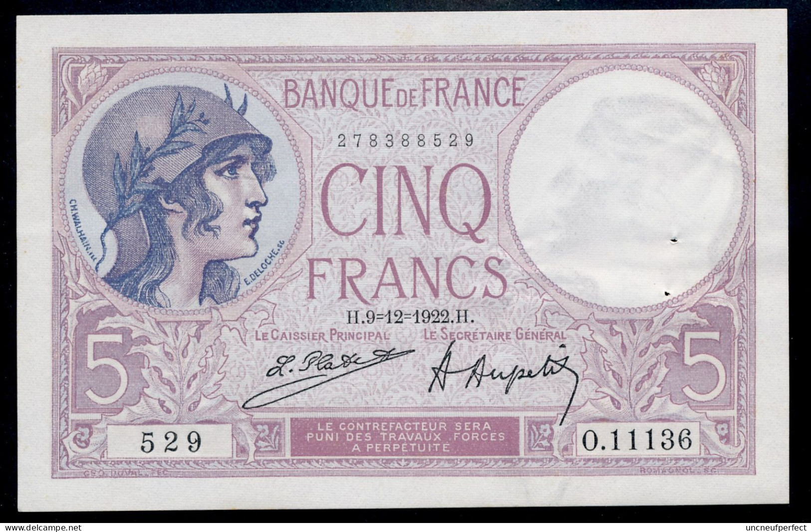 5 Francs 9=12=1922  SUP+ SPL  Fay 03-06 - 5 F 1917-1940 ''Violet''
