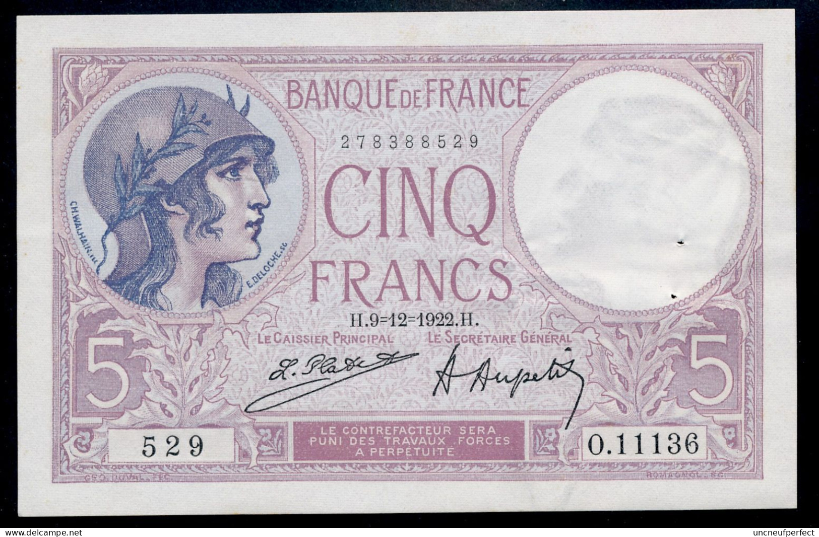 5 Francs 9=12=1922  SUP+ SPL / XF+ AUNC  Fay 03-06 - 5 F 1917-1940 ''Violet''