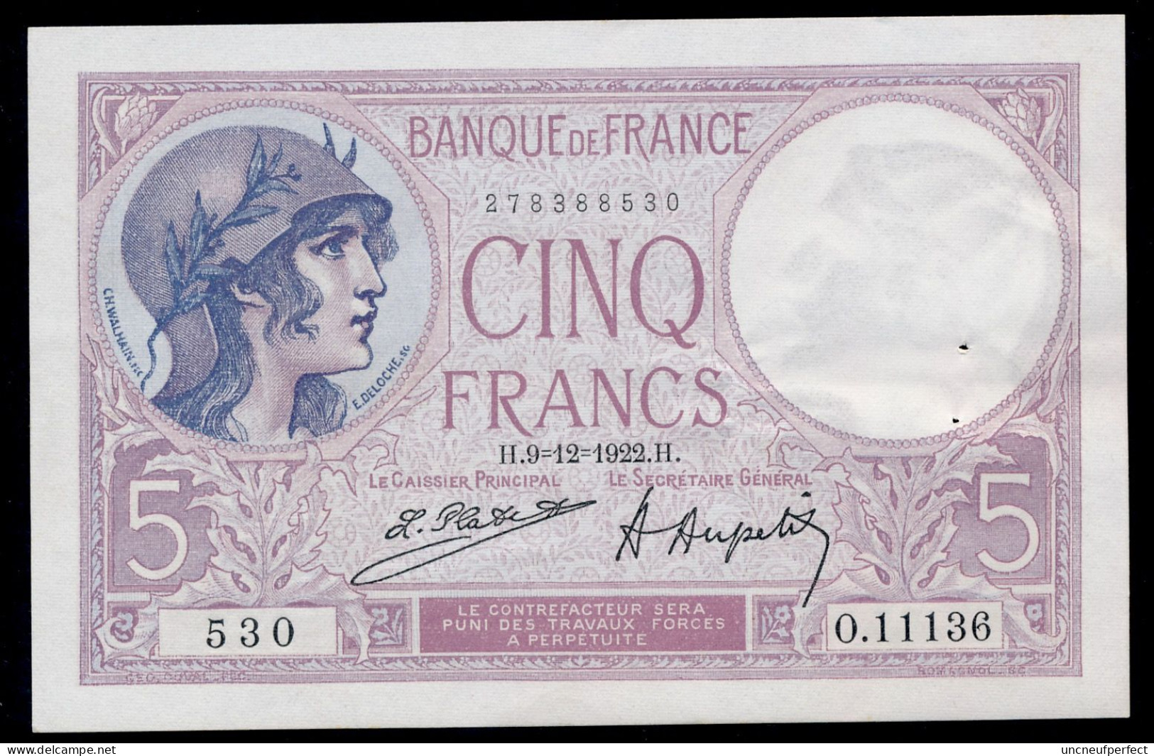 5 Francs 9=12=1922  SUP+ SPL / XF+ AUNC  Fay 03-06 - 5 F 1917-1940 ''Violet''