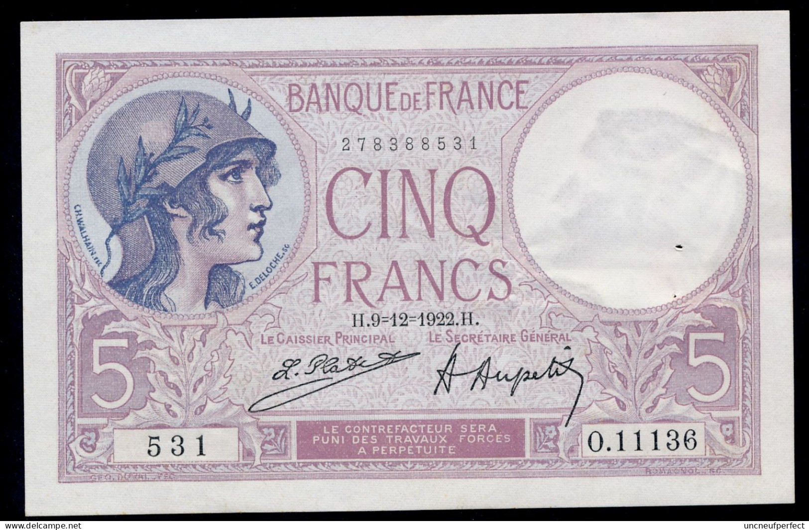 5 Francs 9=12=1922  SUP+ SPL / XF+ AUNC  Fay 03-06 - 5 F 1917-1940 ''Violet''