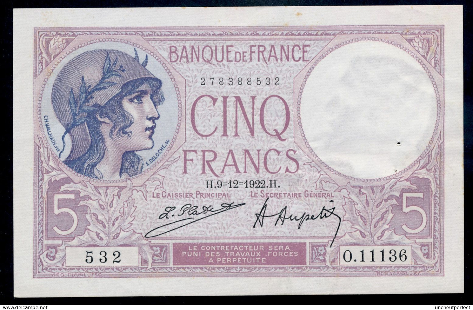 5 Francs 9=12=1922  SUP+ SPL  Fay 03-06 - 5 F 1917-1940 ''Violet''