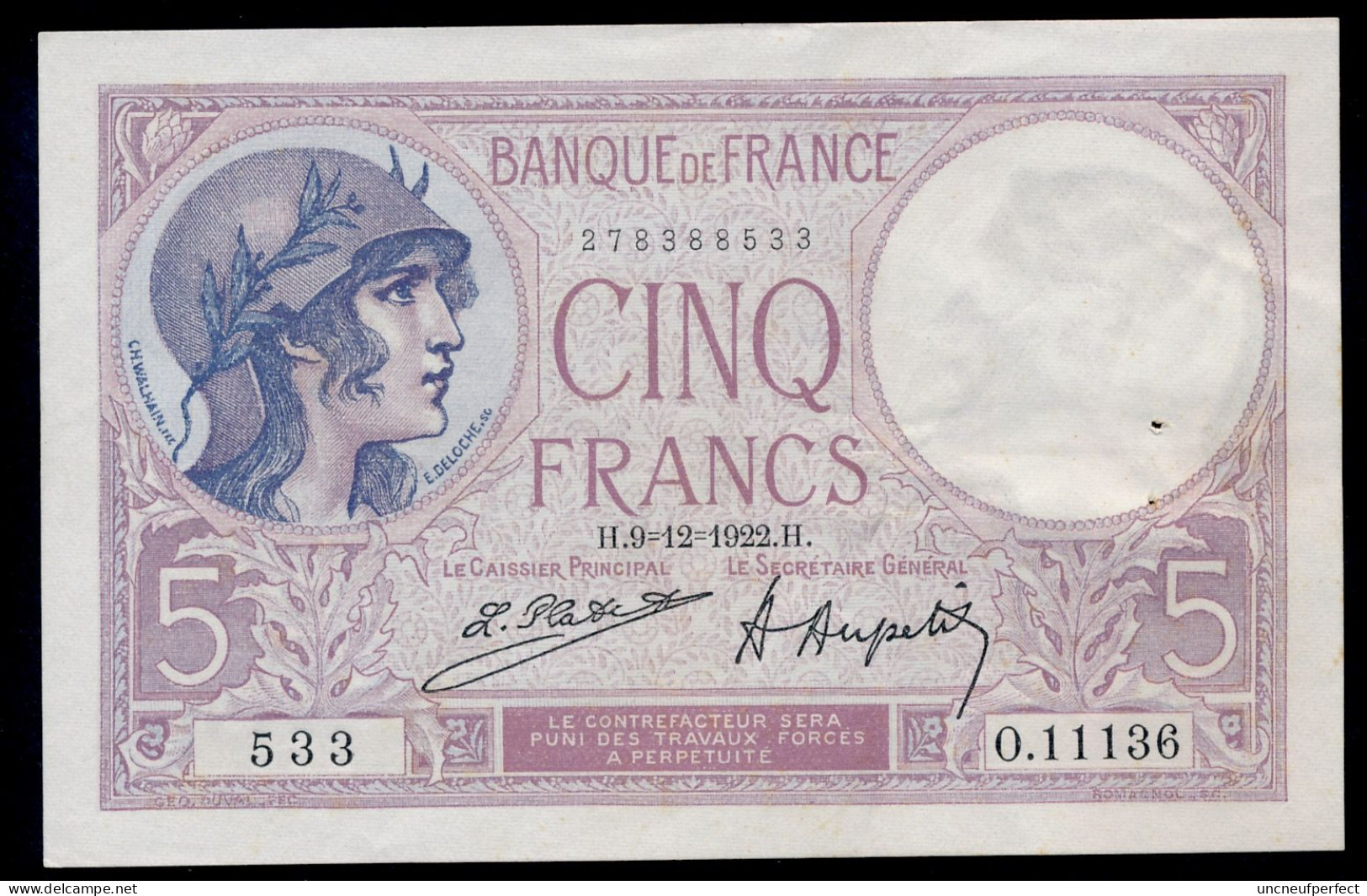 5 Francs 9=12=1922  SUP+ SPL  Fay 03-06 - 5 F 1917-1940 ''Violet''