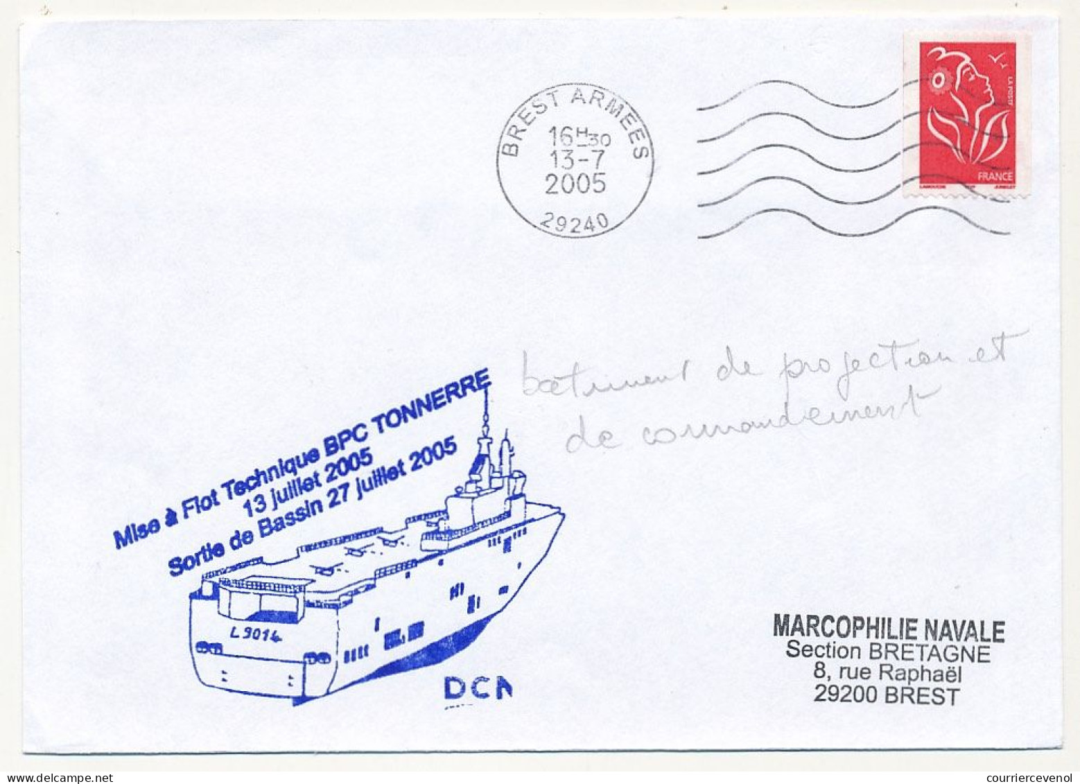 FRANCE - Env. Aff. Lamouche OMEC Brest Armées 13/7/2005 + "Mise à Flot Technique BPC TONNERRE ..." - Correo Naval