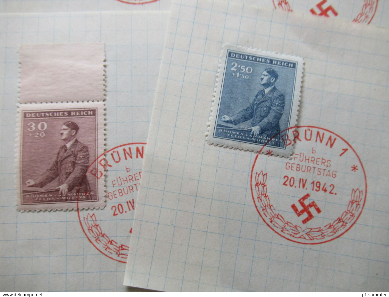 DR Böhmen Und Mähren Hitler Marken Auf Papier 1942 Roter Sonderstempel Brünn 1 Führers Geburtstag / 8 Stk. / Teils OR - Gebruikt