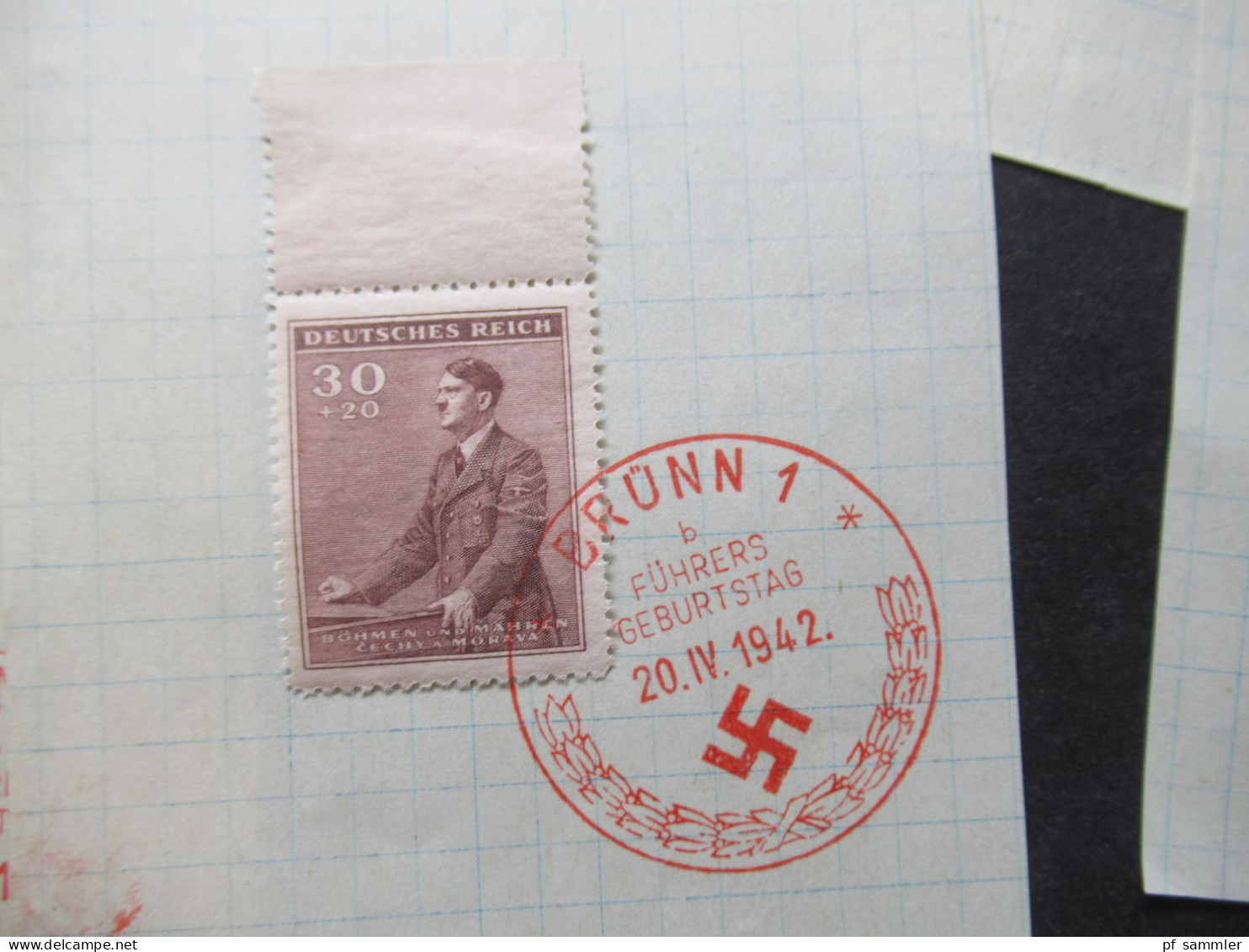 DR Böhmen Und Mähren Hitler Marken Auf Papier 1942 Roter Sonderstempel Brünn 1 Führers Geburtstag / 8 Stk. / Teils OR - Usati